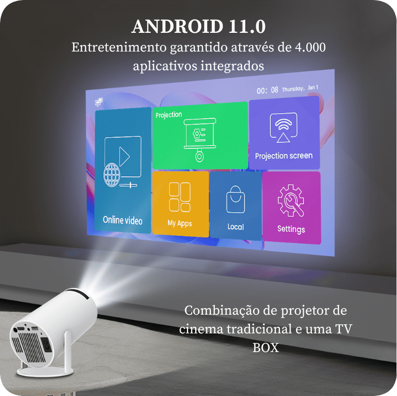 Projetor Portátil Cubic Ultra 4K: Cinema em Casa com Wi-Fi e Android para Entretenimento Completo